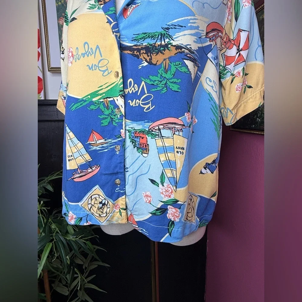 NEW Old Navy Women’s Button-Down Playa Shirt “Bon Voyage” Print Blue Sz S